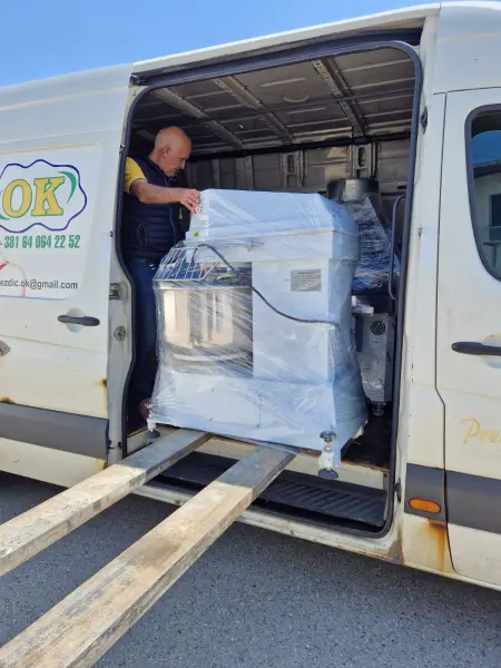 Delivery of bakery equipment spiral mixer, rounder, and rolling pin for a customer from Kosovo